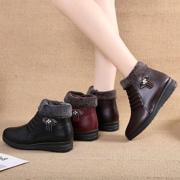 

boots women snow ladies ankle waterproof soft pu leather platform female flats non slip winter warm plush zipper, Black