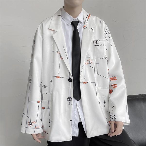 

men's suits & blazers casual blazer jacket printed suit loose single button for men spring autumn long sleeve coat teen streetwear, White;black