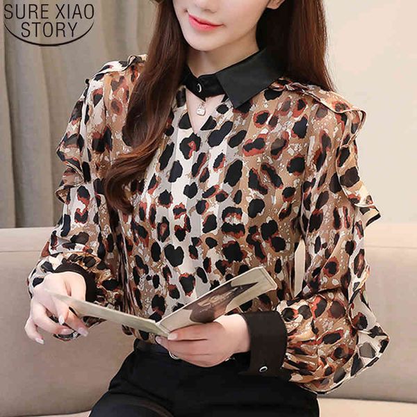 

autumn doll collar long sleeve shirt leopard print blouses women chiffon shirts plus size -4xl blusas 10671 210417, White