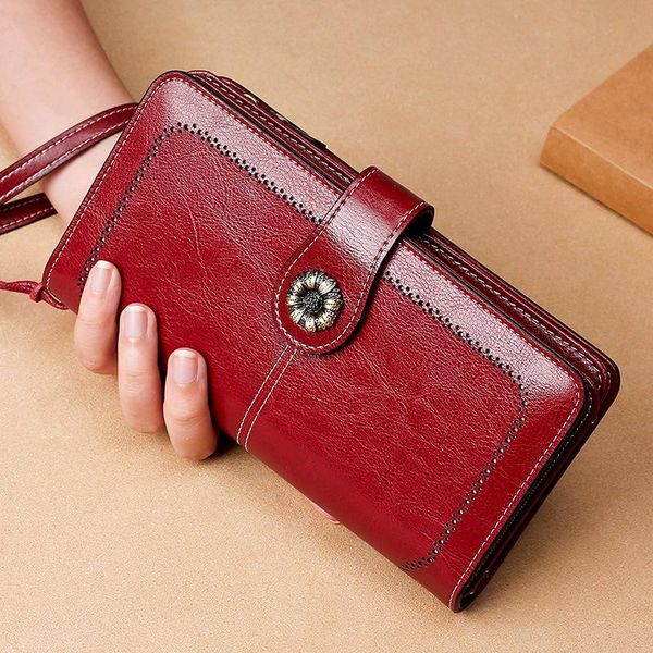 

wallets vintage long leather female clutch purse cellphone bag coin wallet lady brand wax oil real genuine women large, Red;black