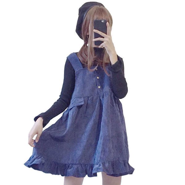 

party dresses soft girl retro corduroy women overalls vintage suspender sweet button ruffle strap winter casual elegant clothes 08, White;black