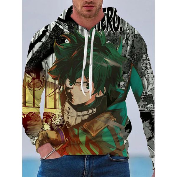 

my hero academia green hair pattern men is a 3d printed hoodie visual impact party punk goth round neck sweatshirt hoodie, Black