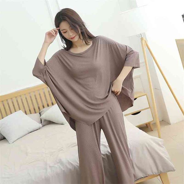 

new plus size home wear pajamas women's round neck spring summer home clothes suit nine points pants pink pyjamas women 210330, Black;red