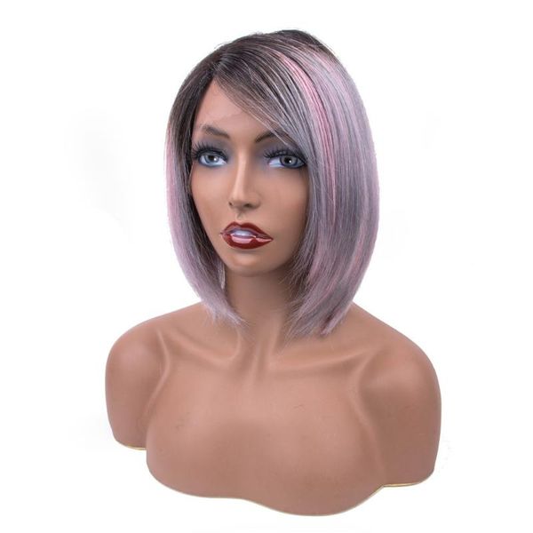 

highlight straight side part lace wig 150% brazilian human hair pre-plucked baby remy glueless for women tb grey/pink wigs, Black;brown