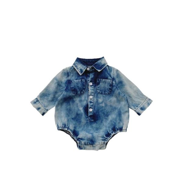 

boys girls rompers baby clothes spring fall denim blue printed long sleeve romper toddler fashion all match jumpsuits
