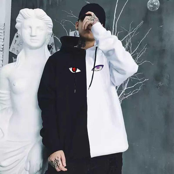 

men's hoodies & sweatshirts japan anime cool eyes print men harajuku manga hoodie patchwork fleece clothing hip hop streetwear, Black