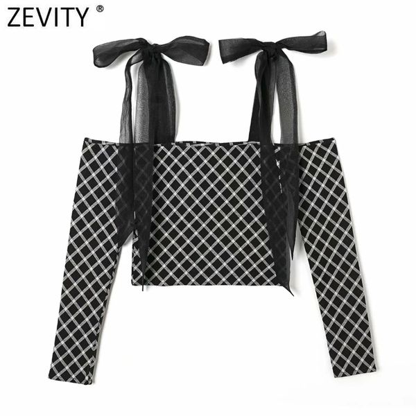 

zevity women vintage organza strap patchwork geometric short chic knitted t shirt ladies slash neck casual slim crop ls7553 210419, White