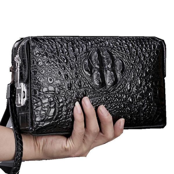 

crocodile pattern anti theft password lock wallet genuine leather mens clutch bag business large capacity purse, Red;black