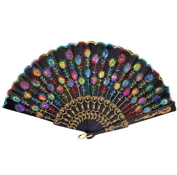 

2021 plastic rib embroidered peacock folding flower fan lace sequins dancing hand fans wedding party decoration fans spainish fans