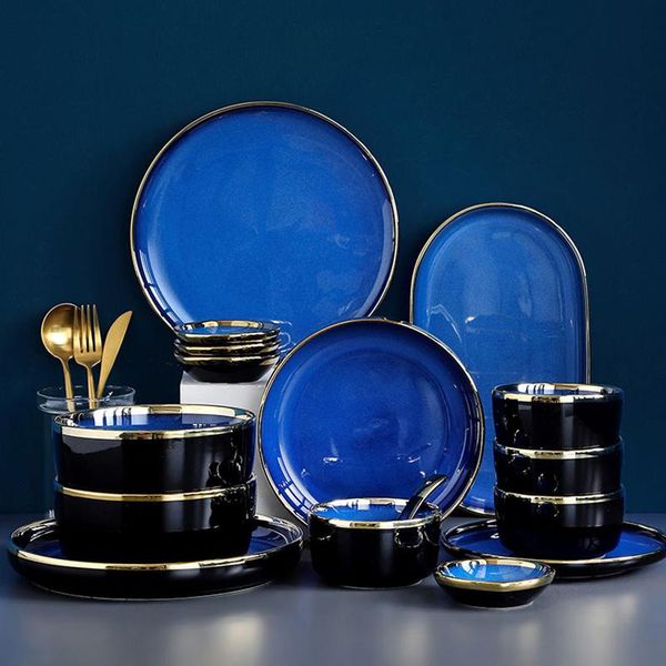 

dishes & plates blue porcelain dinner kiln glaze ceramic salald soup bowl for tableware dining set dish restaurant