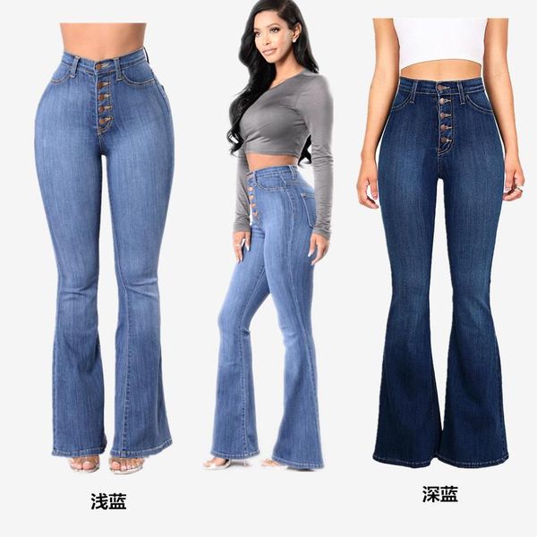 

women's jeans ead 2021 spring and autumn slim high waist hip female flare pants large size blue office lady