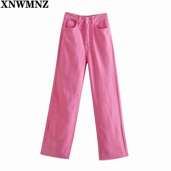 XNWMNZ Wome Fashion weites Bein, rosa, rot, Jeans, weiblich, schick, hoch taillierte Taschen, Knopf-Reißverschluss, durchgehende Hose, Damenhose 211129