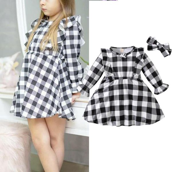 

clothing sets boiiwant 1-5y girls plaid print clothes set long sleeve printed dress o-neck midi with ruffles bow-knot headband, White