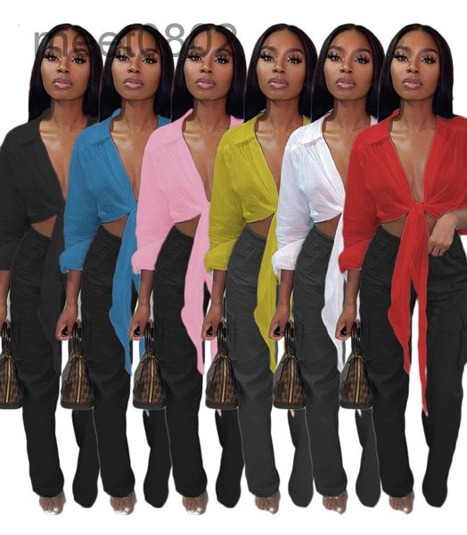 

women's blouses & shirts 6 colors selling 2021 r v-neck spring and summer multicolor irregular solid color lace-up shirt, White