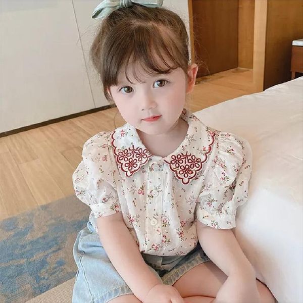 

girls shirts flowers fresh blouse summer little baby short puff sleeve sweet cotton clothes for toddler, White;black
