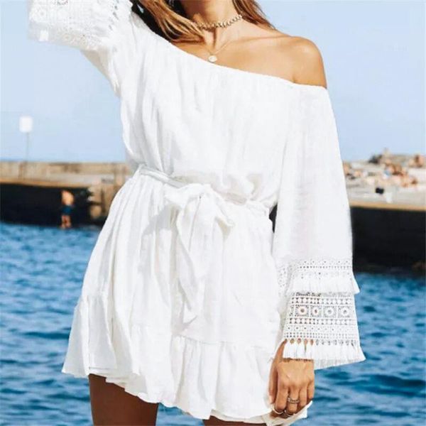 

casual dresses 2021 fashion summer dress women off shoulder splicing cotton linen lace party romper mini 4.3, Black;gray