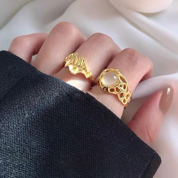 

wedding rings korea vintage 2021 trend moonstone finger ring for women girl 18k gold plated aestethic open adjustable jewelry, Slivery;golden