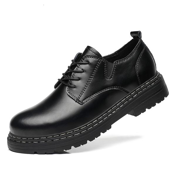 

dress shoes korean trendy men classic hard smooth leather casual anti-slip lace up mar platform men's outdoor work * 88cf, Black