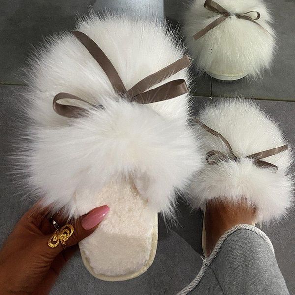 

slippers luxury faux fur slides women furry fluffy home warm shoes woman ladies flip flops with female, Black