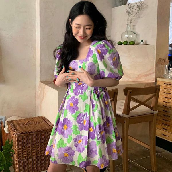

casual dresses dress women clothesfrench big flowers show thin square neck pleated high waist small bubble s 2jga, Black;gray