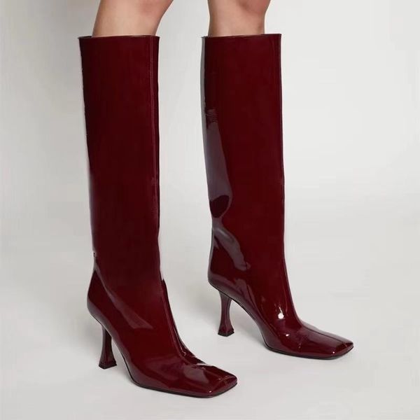 

boots plain patent leather black white burgundy square toe high heel long autumn winter women shoes retro slip on bottine femme
