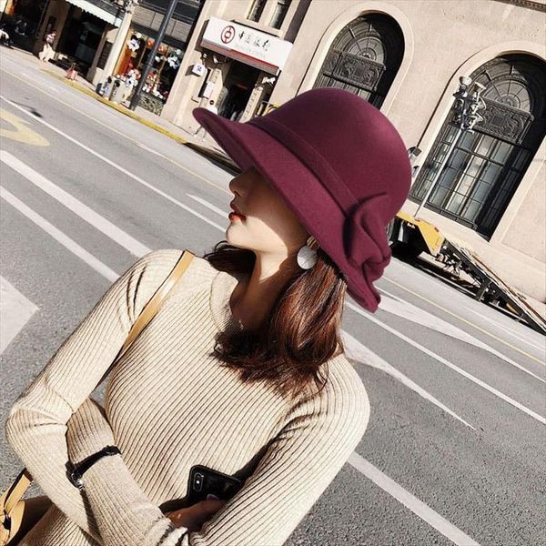 

big bowknit dome fedoras hats for women winter autumn jazz hat imitation woolen elegant ladies bowler, Blue;gray