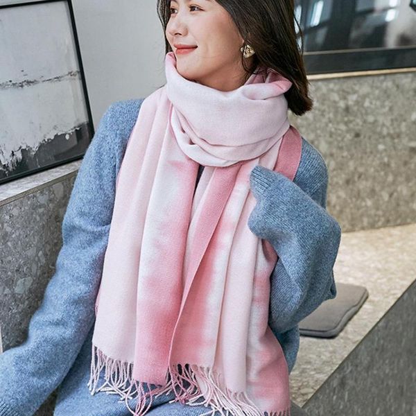

hats, scarves & gloves sets tie-dye printed scarf imitation cashmere 2021 ladies korean autumn and winter striped fringed shawl warm, Blue;gray