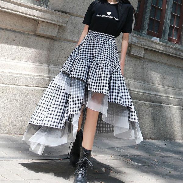 

skirts autumn fashion women's black and white plaid patchwork crotch skirt irregular mesh high waist ball gown