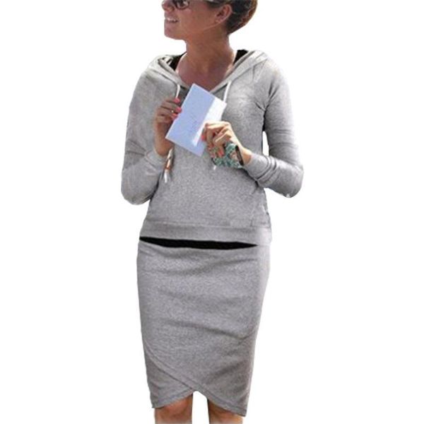 

hoodies hat tie 2 pieces women tracksuits solid color long sleeve sets mini skirts clothing vestidos hooded lbd8618, Gray