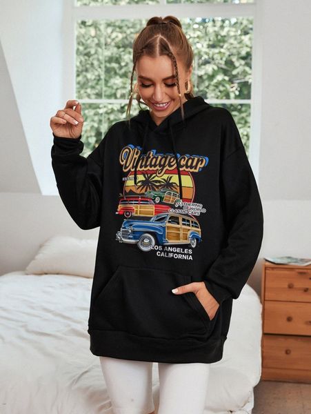 

car & letter graphic thermal lined oversized hoodie g3kk#, White;black