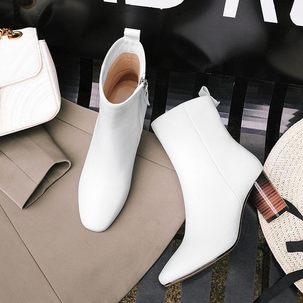 

boots high-heeled ladies zipper and bare fashion square head sweet beauty white thick with women's, Black