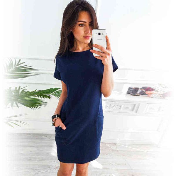 

women summer casual o-neck short sleeve solid party dress loose straight fashion pockets elegant feminina vestidos, Black;gray
