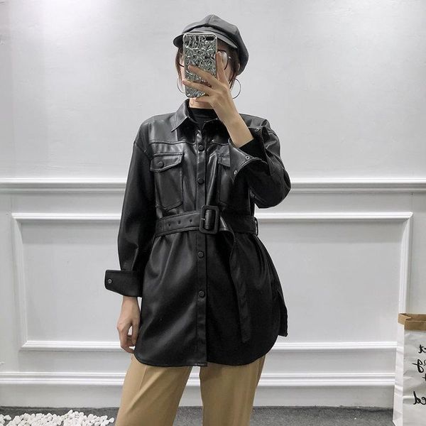 

women's leather & faux mid-length jacket female 2021 spring autumn fashion imitation long-sleeved pu tide, Black