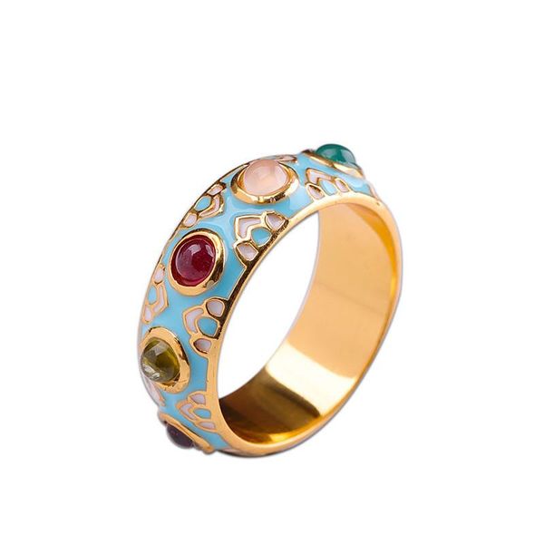 

cluster rings 925 sterling silver gemstone cloisonne colour handmade craft ring women fine jewelry luxury trendy party engagement gift, Golden;silver