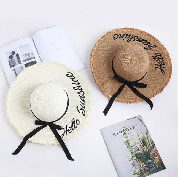 

wide brim hats women's hand-woven alphabet sun hat, black ribbon with big brim, straw outdoor beach summer hat, Blue;gray