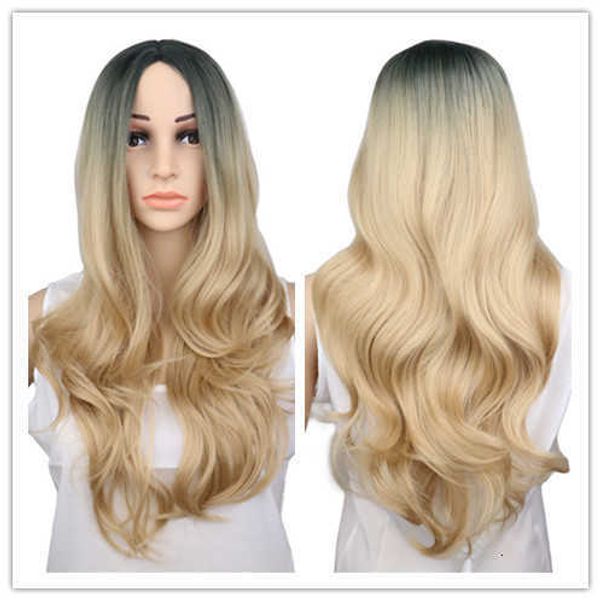 

high temperature silk medium dyeing black gradient gold wig long curly set female