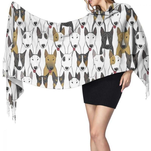 Filhotes bonitos Bull Terrier imprime lenço de inverno para mulheres imitação cashmere 196 * 68cm longas senhoras macias tassel xaile scarf femme q0828