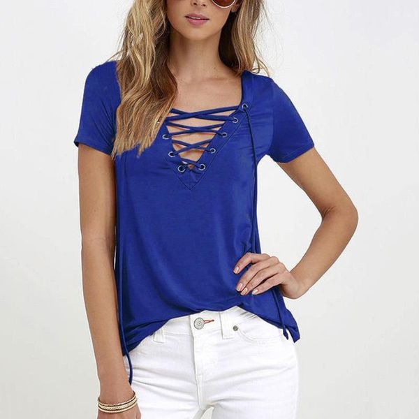 

women's t-shirt fashion women summer v neck lace up short sleeve t shirt casual tunic beach party solid colors loose pullover plus size, White