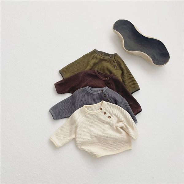 

spring korean baby simple waffle loose pullover long sleeve boys girls solid color leisure t shirt t-shirts, Blue