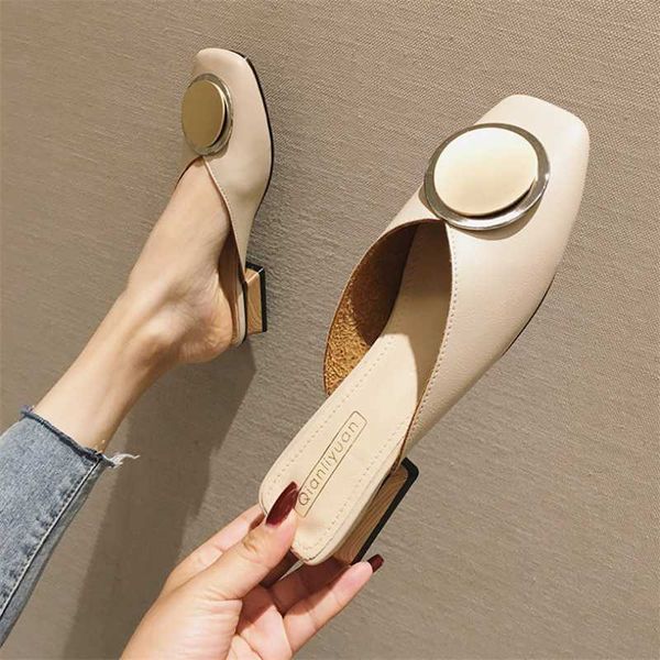 

brand designer women slippers slip on mules flat heel casual shoes british buckle slides wooden block heels summer footwear, Black