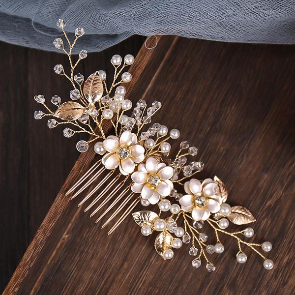 

bridal wedding hair comb rhinestone pearls fashion decor jewelry for women girls holder flower leaf headpieces clips & barrettes, Golden;silver