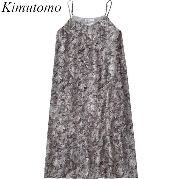 

kimutomo vintage floral printing dresses women 2021 spring summer style girls v-neck sleeveless spaghetti strap vestidos casual, Black;gray
