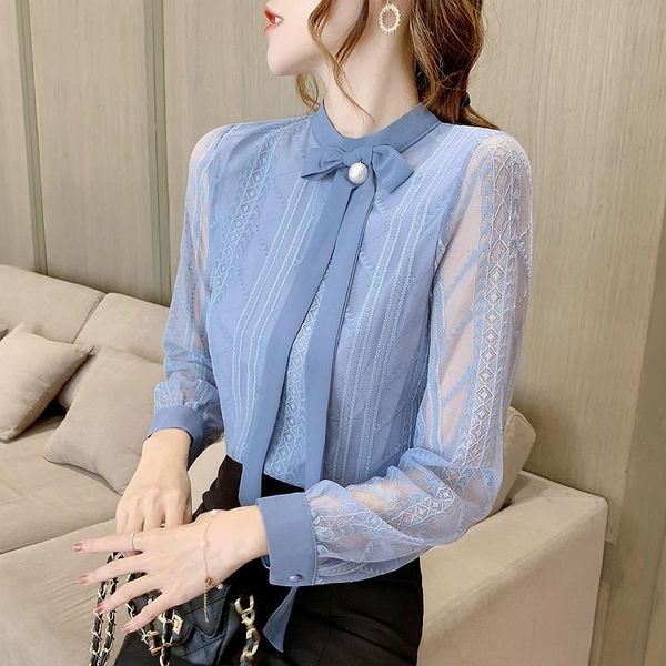 

women's blouses & shirts long sleeve lace shirt fashion hollow ladies office chiffon womens blusas, White