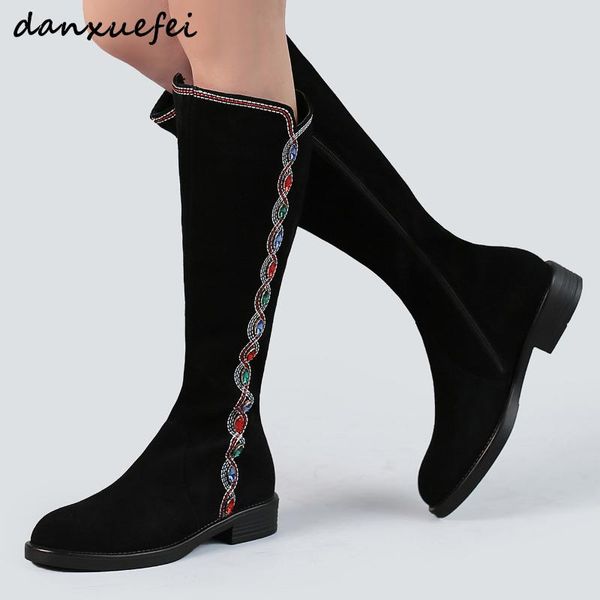 

boots women'snatural suede leather flats knee high knight embroidery winter warm plush long quality comfortable shoes, Black