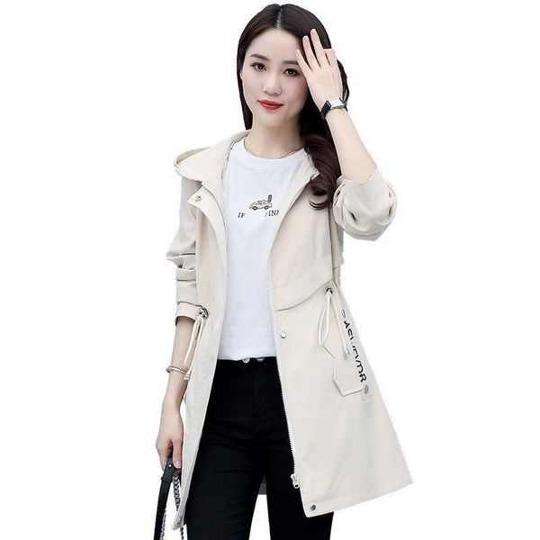 

women's trench coats 2021women spring autumn korean version with lining mid-length black temperament jacket female beige loose hooded w, Tan;black