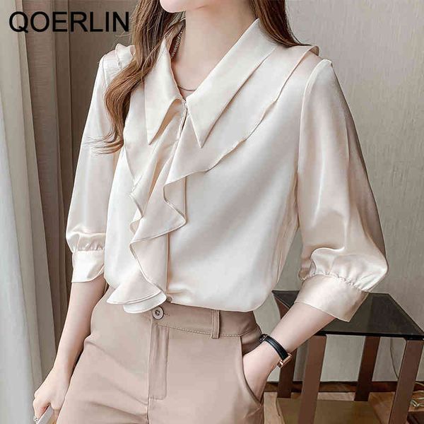 

qoerlin loose three-quarter sleeves ruffled turn-down collar chic elegant workwear chiffon shirt office ladies plus size ol 210416, White