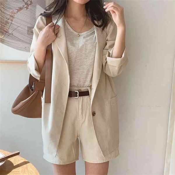 

two button simple cotton linen suit jacket long sleeve thin air-conditioned coat female blazer office ladies 210601, White;black