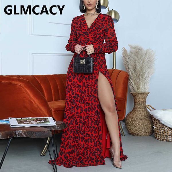 

women long sleeve v neck leopard dress high slit elegant evening party robe vestidos 210702, Black;gray