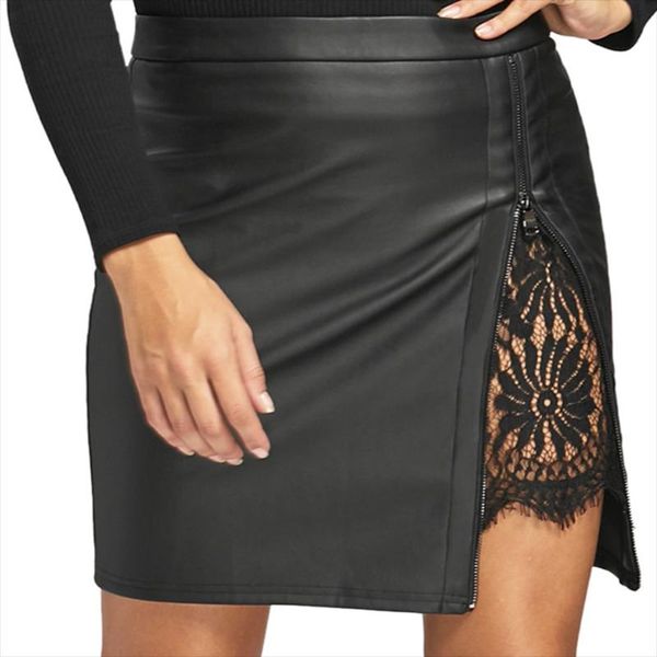 

skirts 2021 fashion women lace hollow out high waist trendy zipper pu skinny pocket preppy short, Black