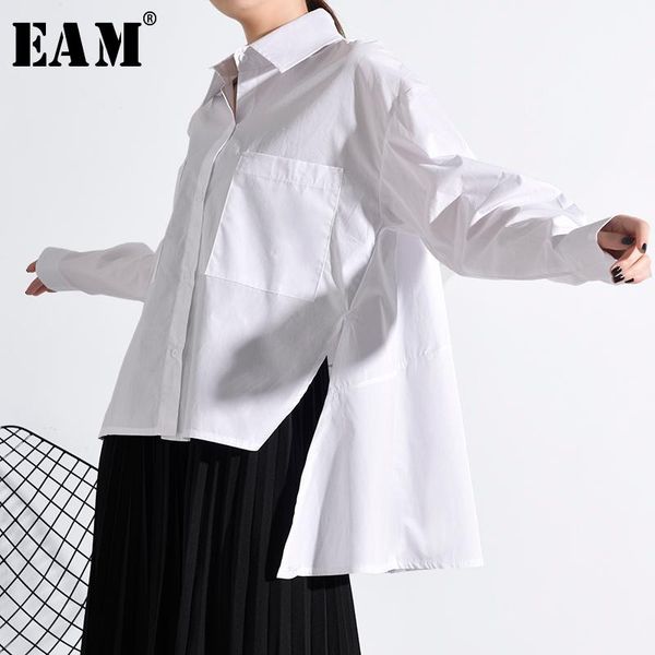 

women's blouses & shirts [eam] women white back long split temperament blouse lapel sleeve loose fit shirt fashion spring autumn 2021 j
